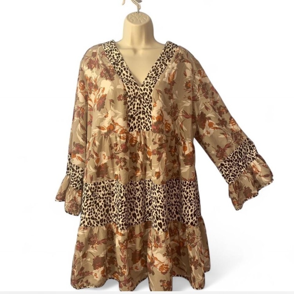 Entro Floral Animal cheetah leopard Print tiered mini tent Dress long sleeves XL